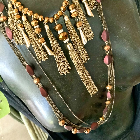 Two Stunning Golden Bronze NECKLACES Gold TASSEL  ⭐️GLASS FACETED BEAD - Picture 9 of 17